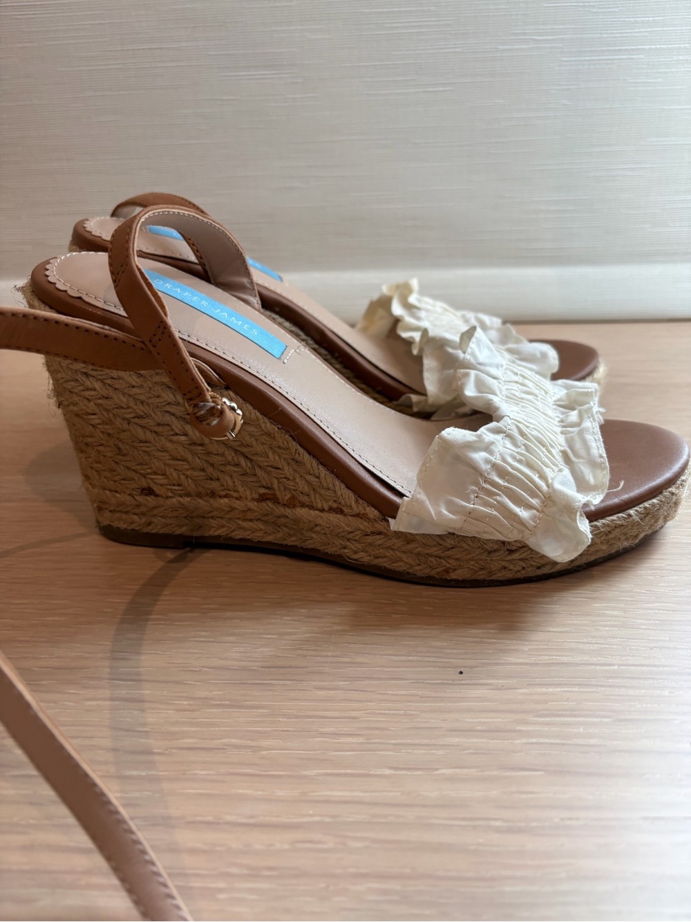 Draper James Cream Ruffle Espadrille Wedges with Tan Slingback